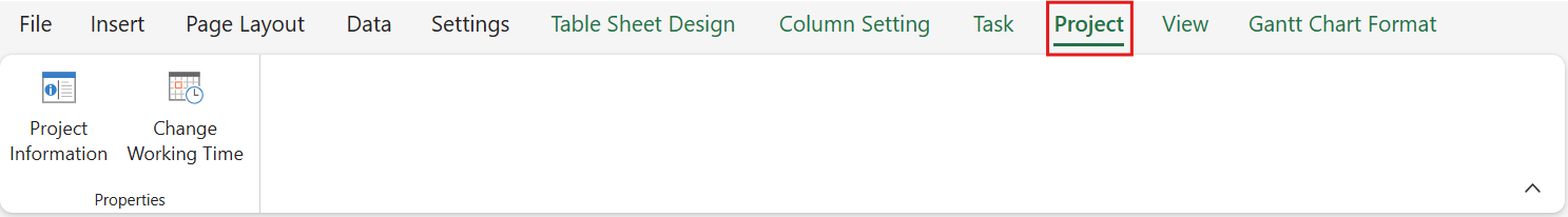 SpreadJS Designer PROJECT tab providing project information and calendar commands for managing dates, scheduling properties, and working-time settings in a GanttSheet.