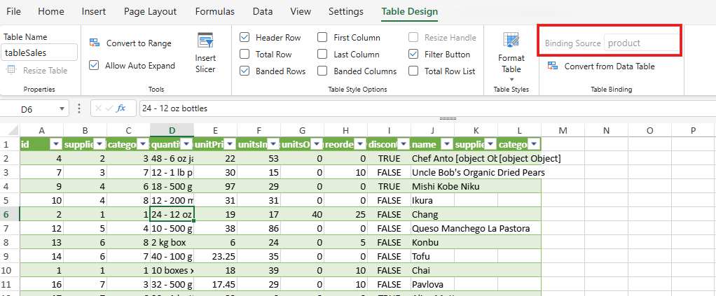 SpreadJS Designer Table Design tab displaying a Data Manager table name in the Binding Source field for the selected bound worksheet table.