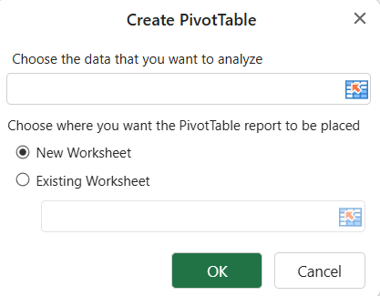 SpreadJS Designer highlights the PivotTable button on the INSERT tab, which developers select after preparing a worksheet data range for analysis.