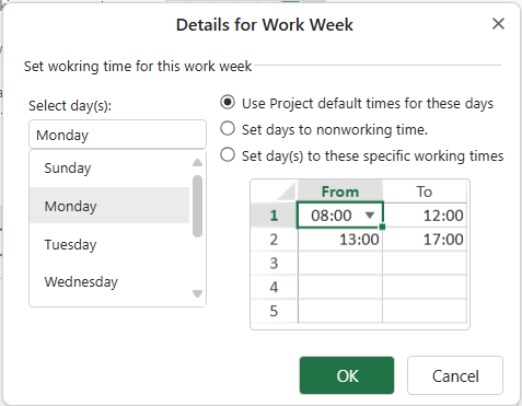 SpreadJS Designer Details for work week dialog providing day selection and working-time options for modifying the selected project calendar’s default weekly schedule.