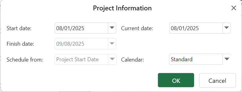 SpreadJS Designer Project Information dialog containing start, finish, current, and status date fields plus the project calendar selection for GanttSheet scheduling.