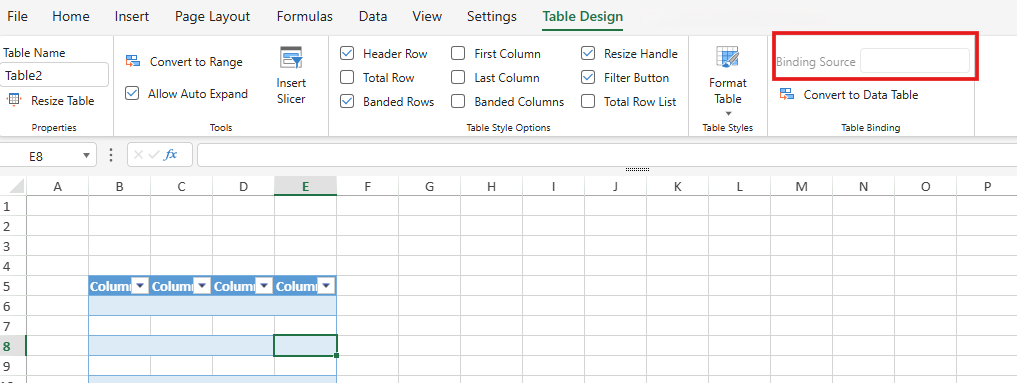 SpreadJS Designer Table Design tab showing an empty Binding Source field when the selected worksheet table is not bound to a Data Manager table.