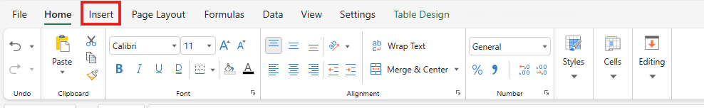 SpreadJS Designer ribbon with the Insert tab active, providing the table commands used to add a bound table to the worksheet.
