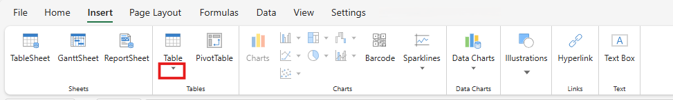 SpreadJS Designer Insert tab showing the Table command dropdown that developers open to access Data Manager table insertion options.