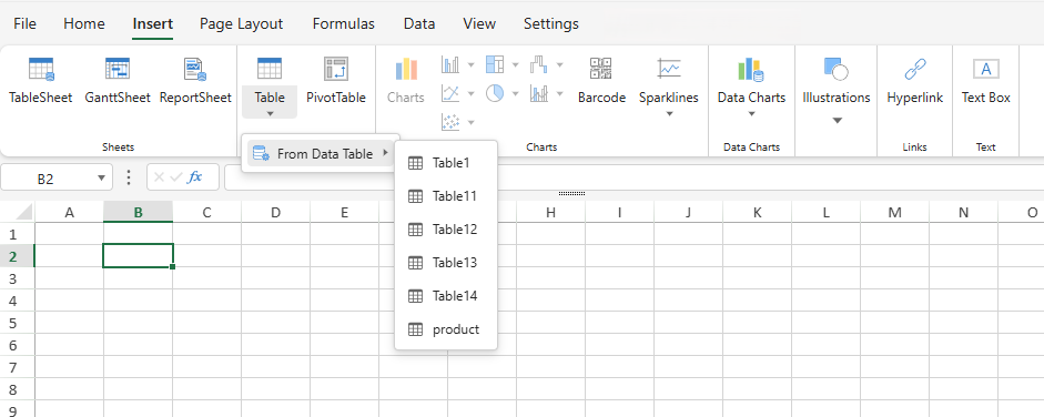 SpreadJS Designer Table menu with the From Data Table command expanded to display the available Data Manager tables for binding.