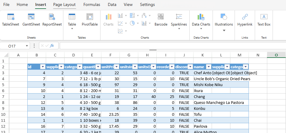 SpreadJS Designer submenu showing a Data Manager table selected as the binding source for insertion at the active worksheet cell.