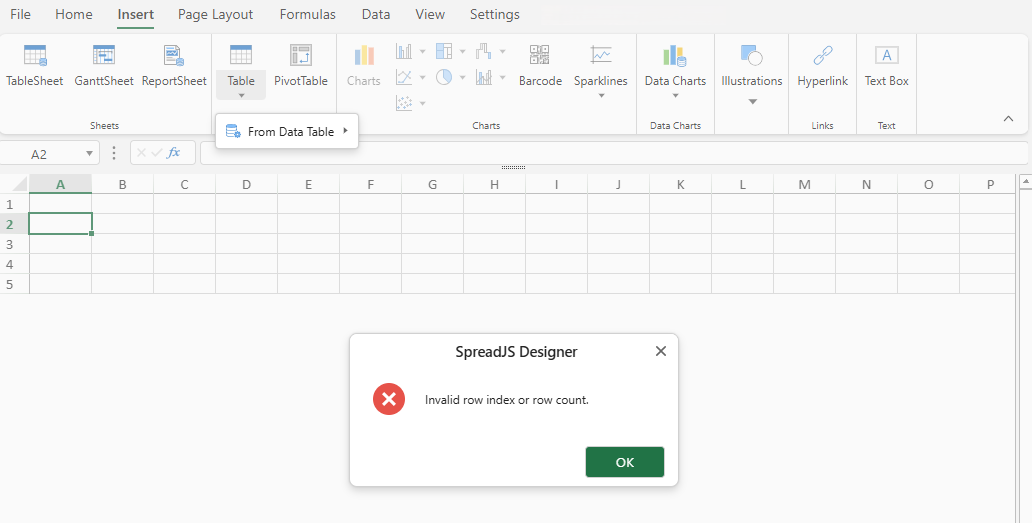 SpreadJS Designer worksheet displaying a newly inserted table populated from the selected Data Manager table at the chosen cell location.