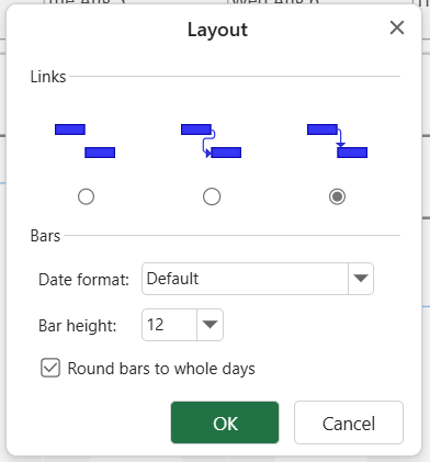 SpreadJS Designer Layout dialog configures dependency link lines, taskbar height, date-text formatting, and whole-day taskbar rounding in GanttSheet.