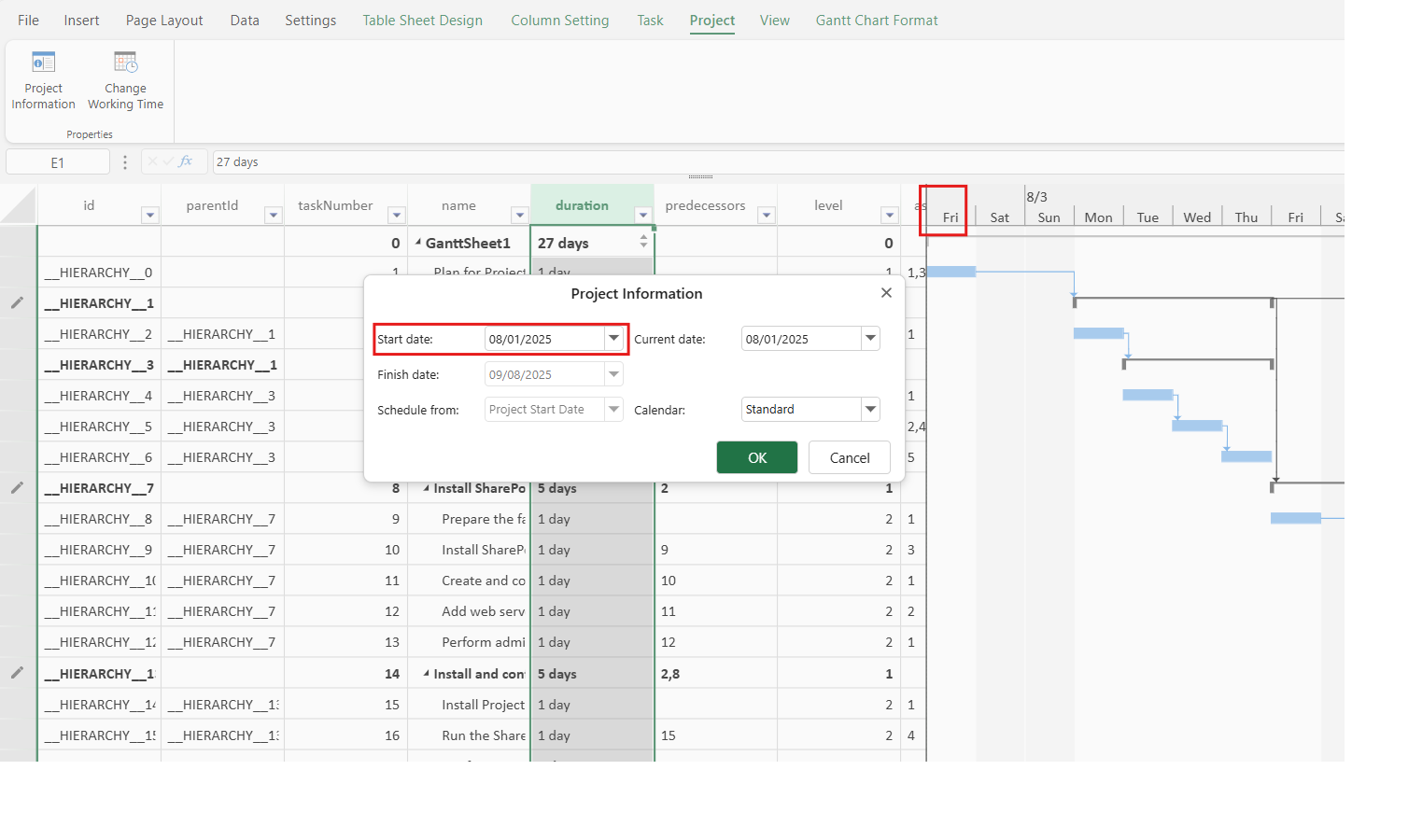 SpreadJS GanttSheet reflecting the configured project start date used to calculate the project timeline and schedule task dates.
