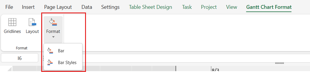 SpreadJS Designer Format menu presents Bar and Bar Styles commands for customizing individual taskbars or applying rule-based styles.