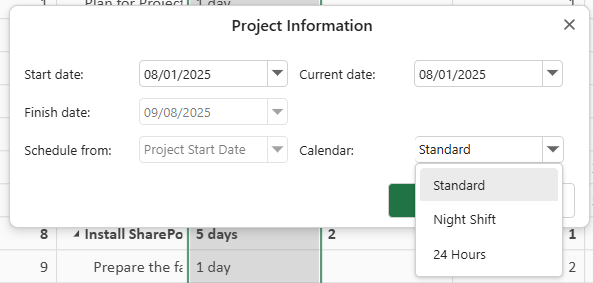 SpreadJS Designer project calendar control listing Standard, Night Shift, and 24 Hours work calendars for configuring GanttSheet scheduling behavior.