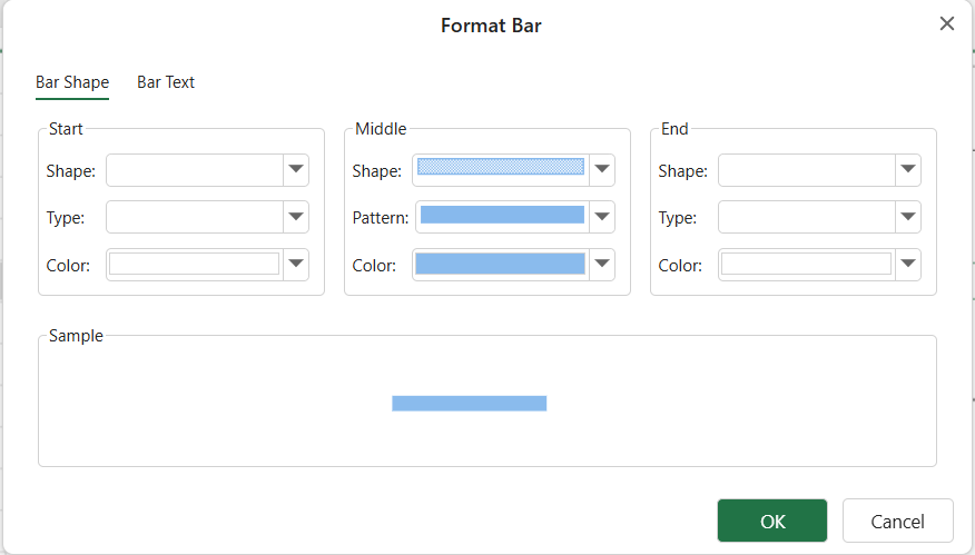 SpreadJS Designer Format Bar dialog provides shape, pattern, type, and color controls for customizing the selected GanttSheet taskbar.