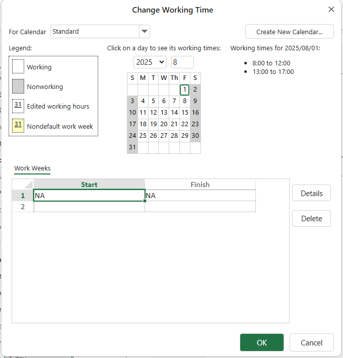SpreadJS Designer Change Working Time dialog with the For Calendar dropdown used to select which GanttSheet work calendar developers want to modify.