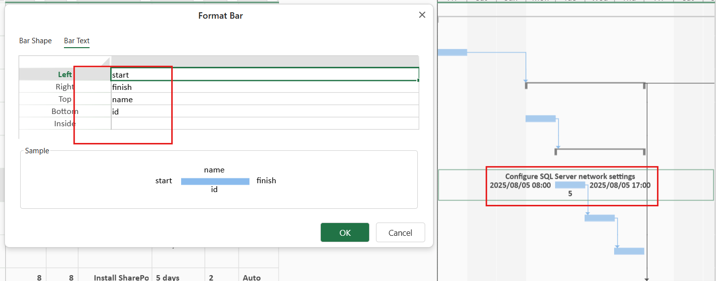 SpreadJS GanttSheet displays taskbar text populated from worksheet column information after the developer configures the selected bar’s text positions.