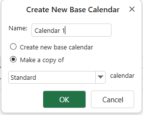 SpreadJS Designer Create New Calendar command in the Change Working Time dialog for defining a custom base calendar for project scheduling.