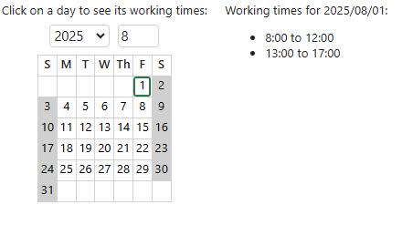 SpreadJS Designer Change Working Time dialog displaying the working hours associated with a selected calendar date for reviewing the project schedule.