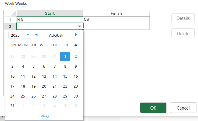 SpreadJS Designer Work Weeks section with a calendar period selected before developers open its details to customize special project working hours.