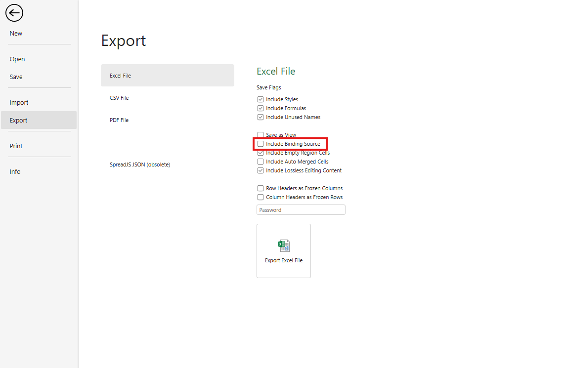 SpreadJS Designer Excel export interface with the Include Binding Source option enabled to preserve bound table source information in the Xlsx output.