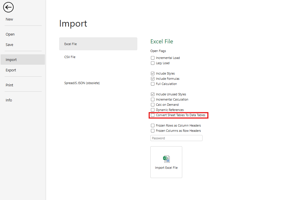 SpreadJS Designer Excel import interface with the Convert Sheet Tables to Data Tables option available for converting worksheet tables during Xlsx import.