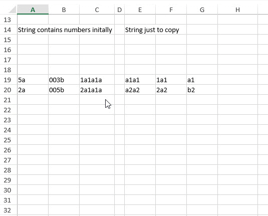 SpreadJS worksheet showing string drag fill behavior where detected numeric prefix patterns are filled as a series or copied when unsupported.